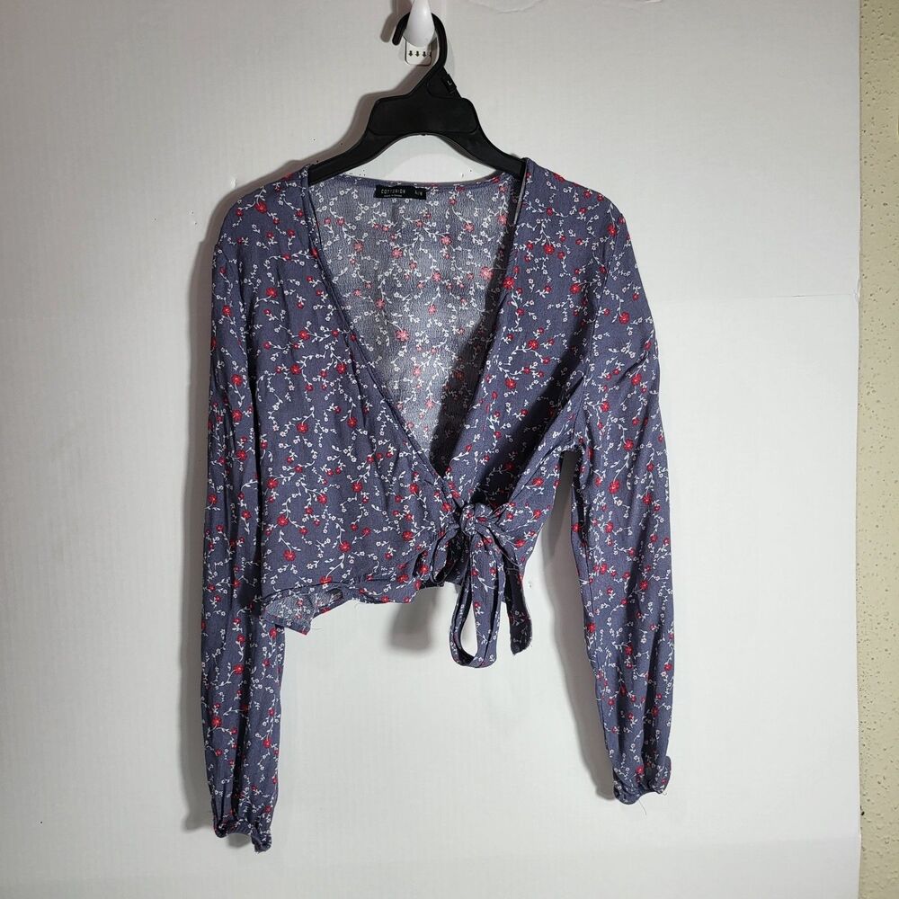 Cotton On Blue & Red Rose Long Sleeve Wrap Top Blouse New sz M